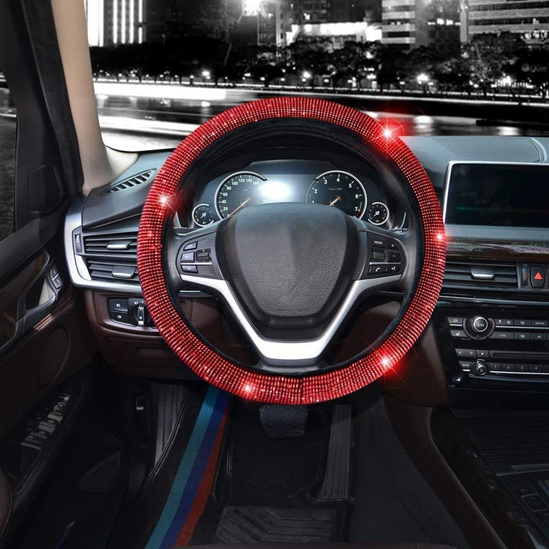 Valleycomfy Steering Wheel Cover for Women Bling Bling Crystal Diamond Sparkling Car SUV Wheel Protector Universal Fit 15 Inch (Black with Red Diamond,Standard Size(14" 1/2-15" 1/4)) - Image 3